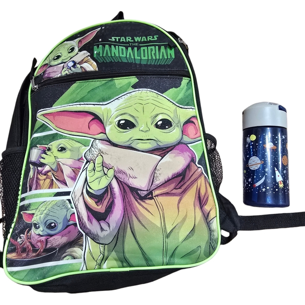 Star Wars Mandalorian Backpack with Green Baby Yoda and Space Bottle